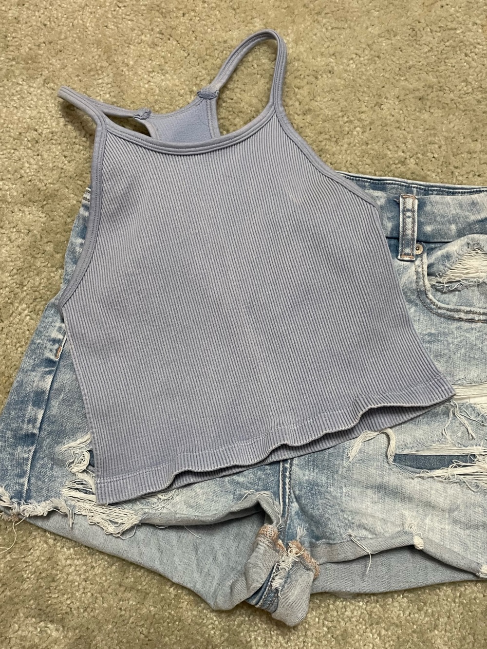 Light Blue Ribbed Tank Top - Cute Elastic Stretchy Cropped Knit